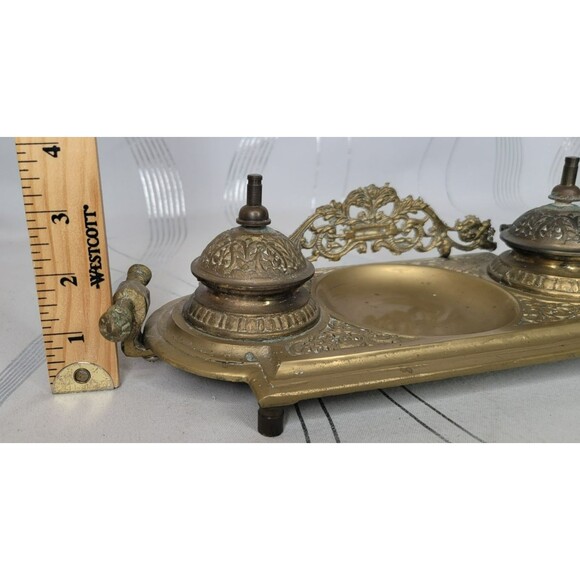 Vintage Ornate Double Ink Well Brass w Inserts Covers Decorative Desk Victorian - Picture 11 of 11